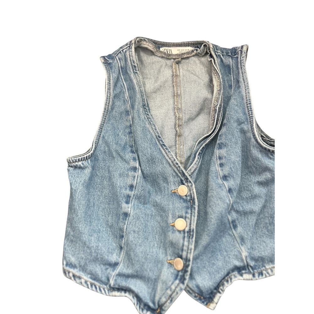 Zara Womens Blue Denim Waistcoat Vest Light Wash V-Neck Button Front Small S